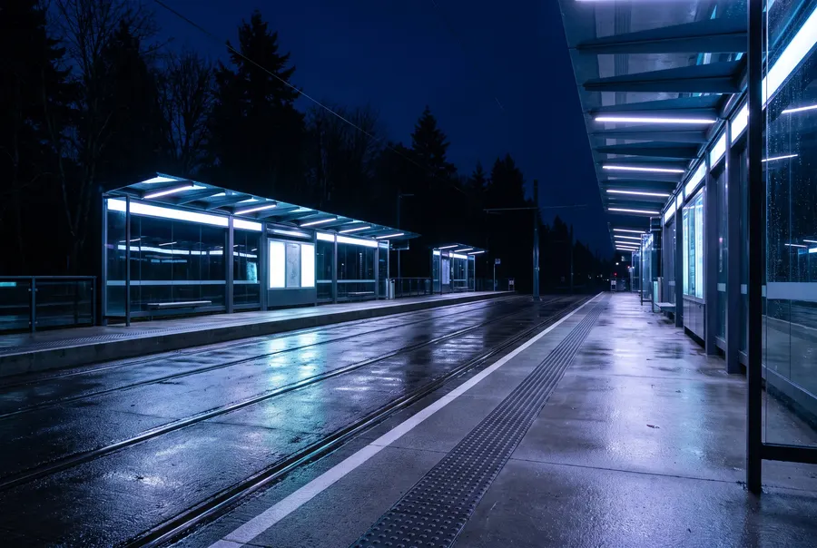Empty light-rail platform at night